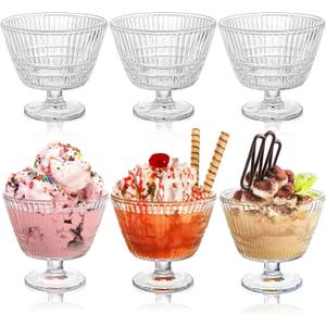6 Pack Glass Dessert Bowls Set, 10 Oz Vintage Ice Cream Cups with Pedestal, Fluted Sundae Dishes Pudding Footed Bowl for Ice Cream, Dessert, Parfait, Candy, Fruit