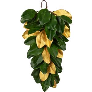 Christmas Gold Leaf Holiday Teardrop Swag 27" Artificial Magnolia Greenery Hanging Decoration Elegant Front Door & Fireplace Dcor for Christmas Thanksgiving