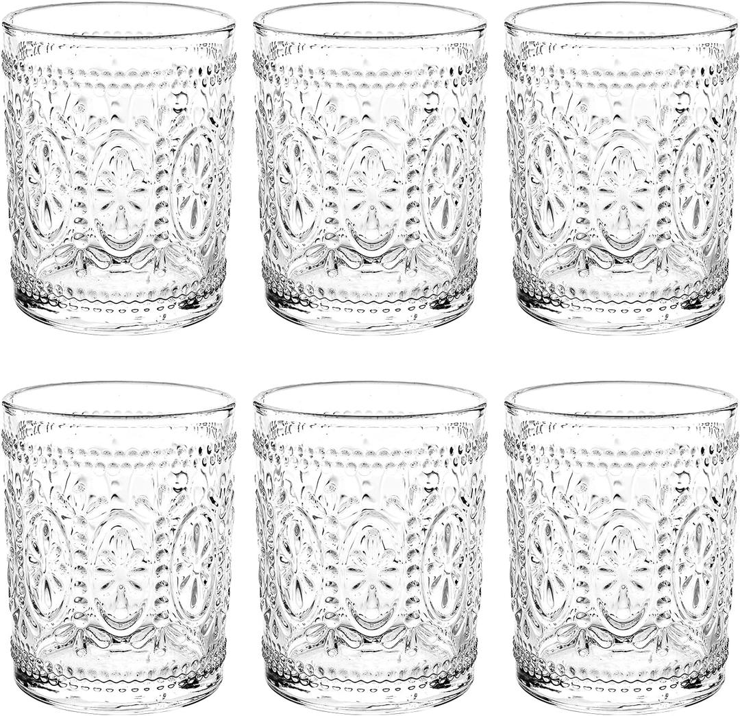 Bekith 6 Pack Drinking Glasses, 9.5 oz Romantic Water Glasses, Clear Embossed Glass Cups Vintage Glassware Set for Whisky, Juice, Beverages, Beer, Cocktail