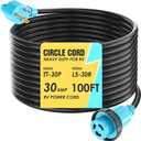 CircleCord 30 Amp 100 Feet RV Power Cord Twist Locking, Heavy Duty 10 Gauge 3 Wire STW Pure Copper Wire with Grip Handle, TT-30P to L5-30R with Cord Organizer for RV Trailer Campers