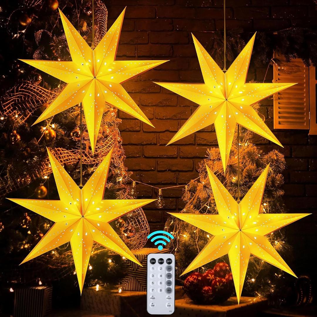 Hiboom 4 Pack Paper Star Lantern 24 Inch, 8 Mode 50 LEDs Firework Fairy String Lights, Seven Pointed Light up Hollow Out Star Hanging Decoration for Indoor Outdoor Room Wedding Christmas Party