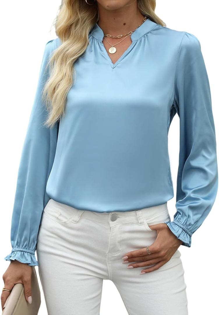 VIMPUNEC Women's Dressy Satin Blouses Fall Long Sleeve Work Shirts Business Casual V Neck Tops (Blue, L)