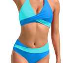 TASHEHE Women's Bikini Set High Waisted Twist Swimsuit Colorblock Halter Two Piece Bathing Suit (Blue, S)