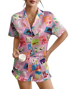 Ekouaer Women's Satin Pajamas Set Button Down 2 Piece Silk Pjs Shorts Set Ruffle Lingerie Notch Collar Sleepwear (Large, Cat Collection)