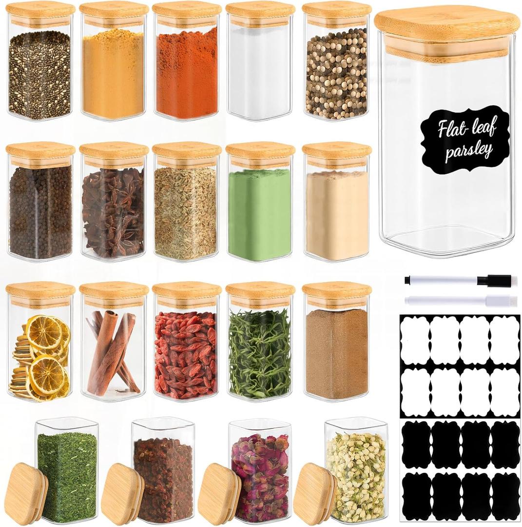 TBWIND 20 Pack 8 oz Square Glass Spice Jars with Lids and Labels Airtight Small Spice Containers Set, Clear Glass Storage Jars for Seasoning, Spices, Kitchen Pantry Organization