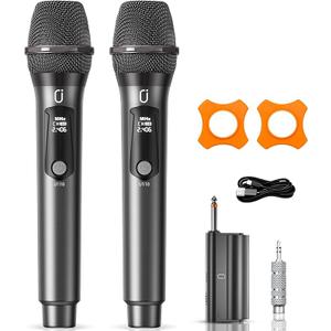 Wireless Microphones, Two Rechargeable Bluetooth 5.3 Microphones for Karaoke Singing, Rechargeable Dynamic Mic System with Receiver for Church, Party, Meeting, Speech, PA System, Plug and Play