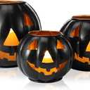 Tujoe 3 Sets Halloween Metal Jack O Lanterns Pumpkin with 3 LED Candles with Black Creepy Cloth Decoration Bundle Rustic Indoor and Outdoor Decor