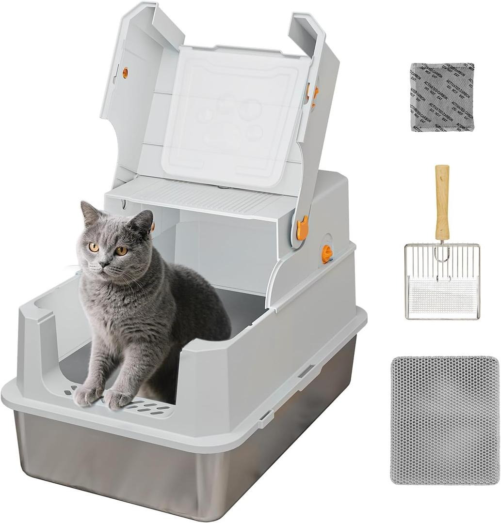 TENTIZON Stainless Steel Extra Large Covered Cat Litter Box with Lid, High Sides, Litter Mat, Scoop, Hooded Enclosed Kitty LitterBox for Big Cats Up to 24lbs, Multi-Cat, Ordor Control, Easy Clean (Light Grey)