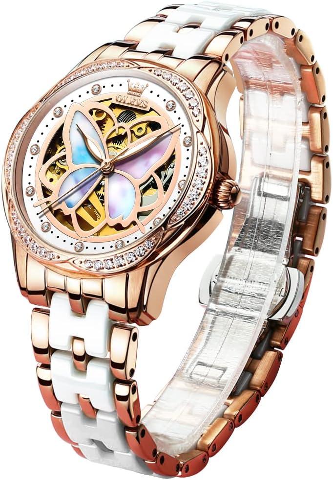 OLEVS Womens Automatic Watch, Premium Large Face Diamond Accented Self Winding Watches for Women, Fashion Waterproof Ladies Dress Watch, Two Tone Stainless Steel Ceramic Bracelet (04 Butterfly/Colorful Dial)