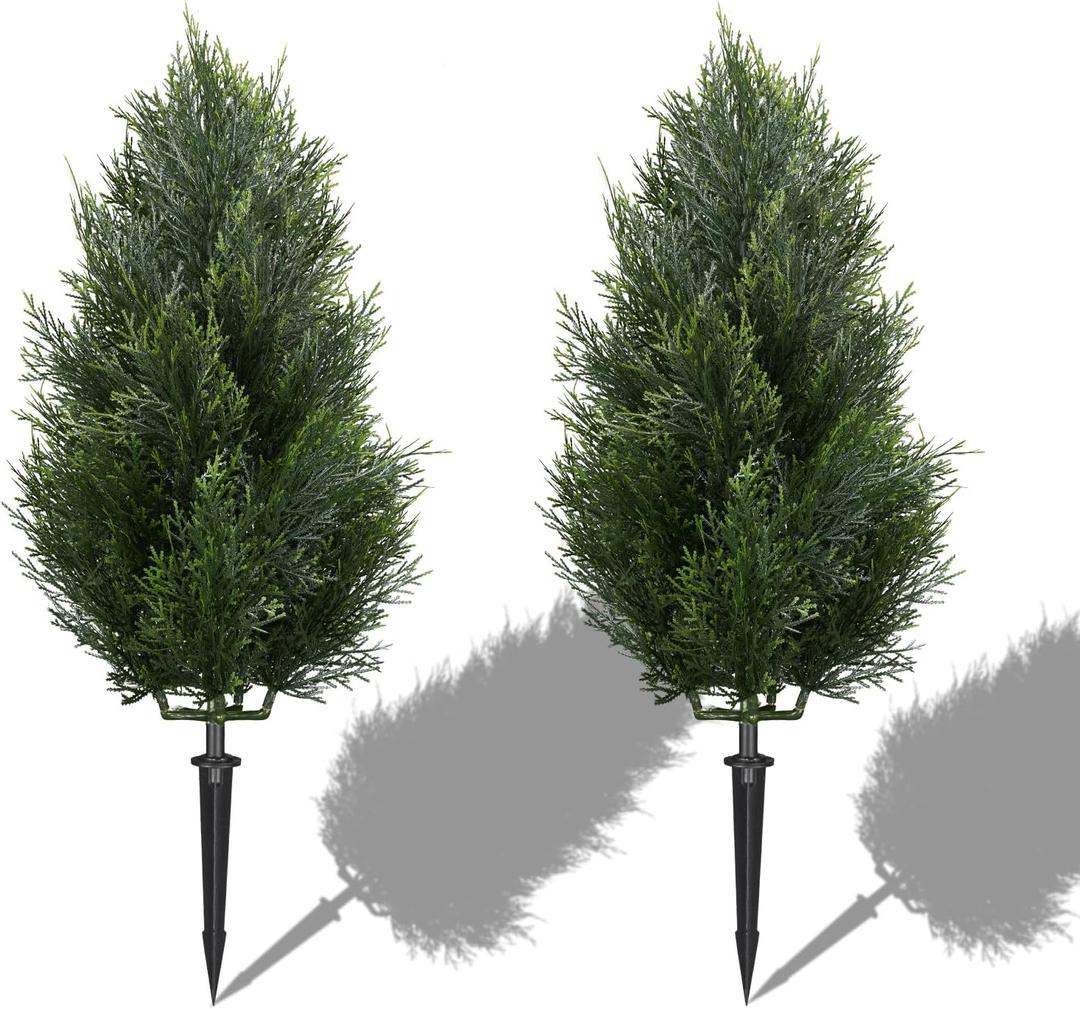 2.5FT Artificial Cedar Topiary Trees with Ground Spike, UV Resistant Topiary Trees Artificial Outdoor Plants, Artificial Plants Outdoor for Indoor, Front Porch, Garden, Set of 2