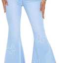 Women's Butterfly Bell Bottom Jeans Elastic High Waisted Embroidered Classic Flareed Jeans Raw Hem Denim Pants with Pocket (Large, Light Blue)
