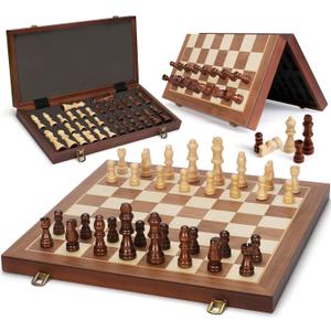 Magnetic Wooden Chess Set, 15" Folding Chess Board with 2 Extra Queens, Portable Travel Chess Set with Pieces Storage Slots, Beginner Chess Board Game for Adults & Kids