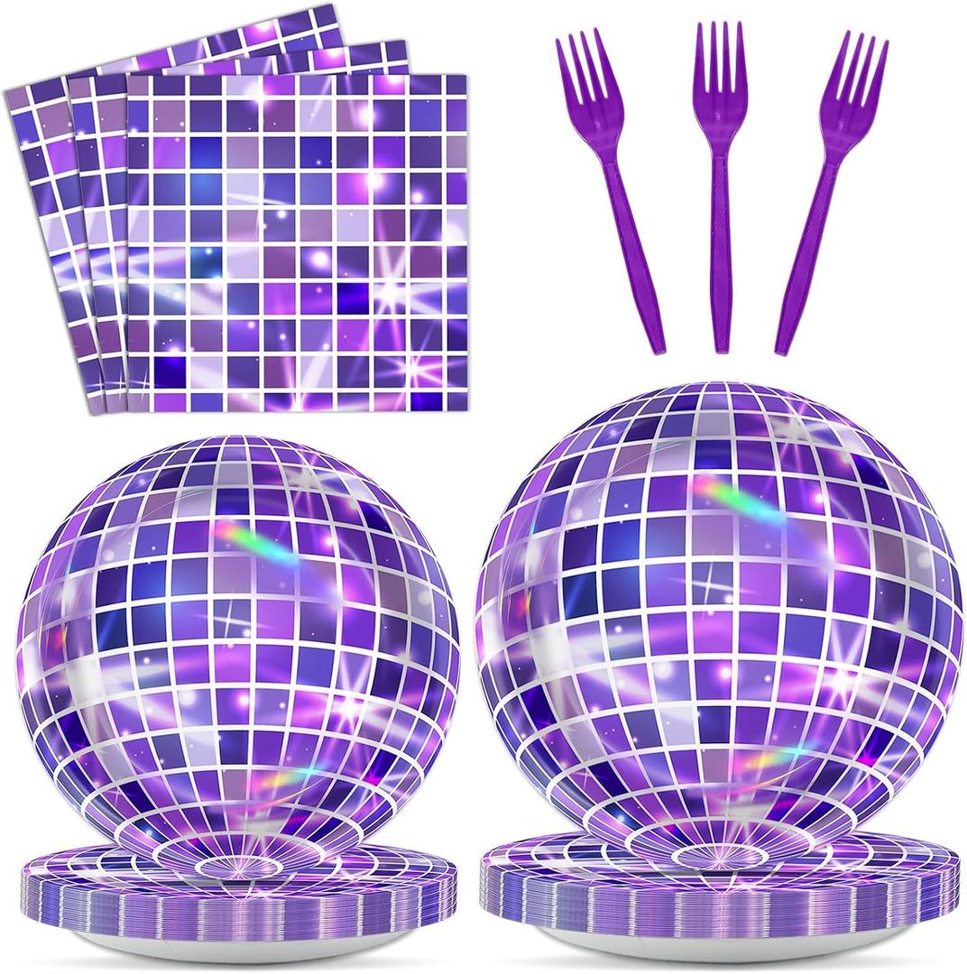 100Pcs Disco Purple Party Decoration Kpop Disco Ball Paper Plates and Napkins Purple Disposable Tableware for Kpop Music Birthday Baby Shower Wedding Bachelorette Party Supplies Serve 25
