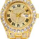 Hip Hop Watches for Men Iced-Out Bling Diamond Luxury Quartz Watches with Date, 42mm Face Diamond Gold