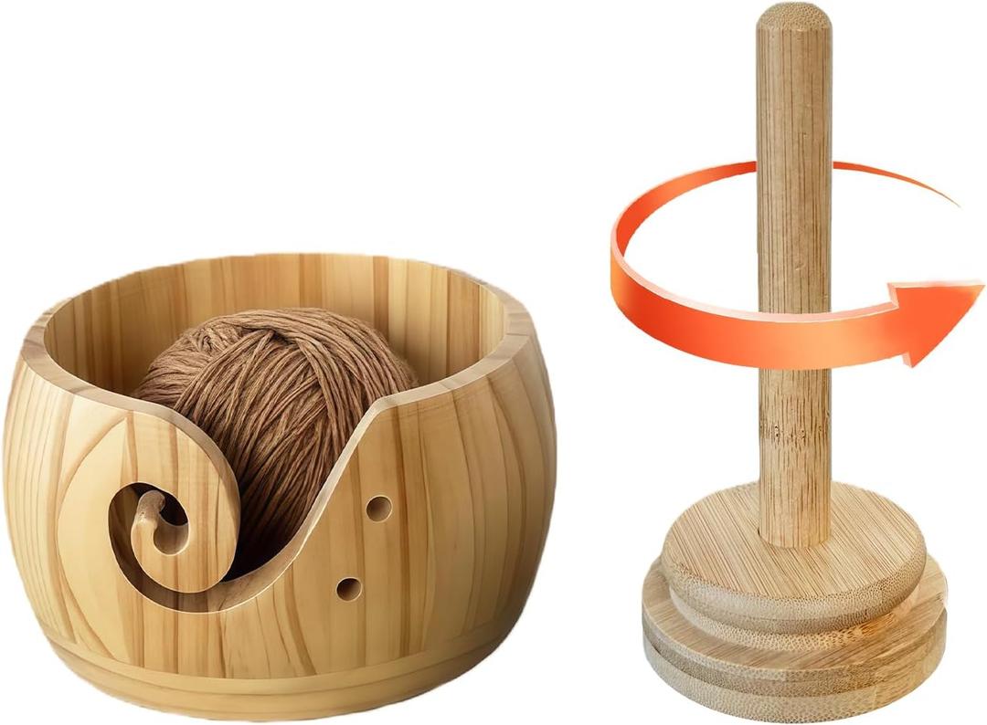 Large Wooden Yarn Bowl with Removable Holder & Lid | 2-in-1 Handmade Crochet and Knitting Yarn Organizer for Tangle-Free Crafting | Yarn Storage Box with Smooth Feed Holes