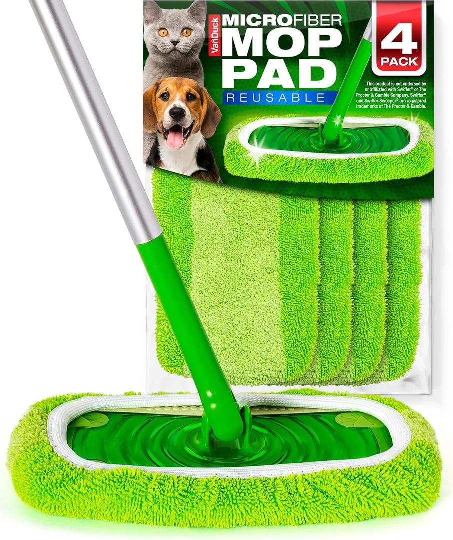 VanDuck Reusable Mop Pads Compatible with Swiffer Sweeper (4-Pack) - Washable Microfiber Mop Pads for Wet & Dry Use - All Purpose Floor Mopping and Cleaning Product (Green)