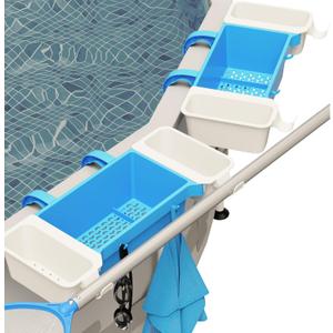 2025 2 Sets XL Poolside Storage Basket with 2 Cup Holder & Pole Hanger,Stretchable Pool Toy Holder Storage for Towels Drinks Pool Accessories Bar for Most Frame Above Ground Swimming Pools