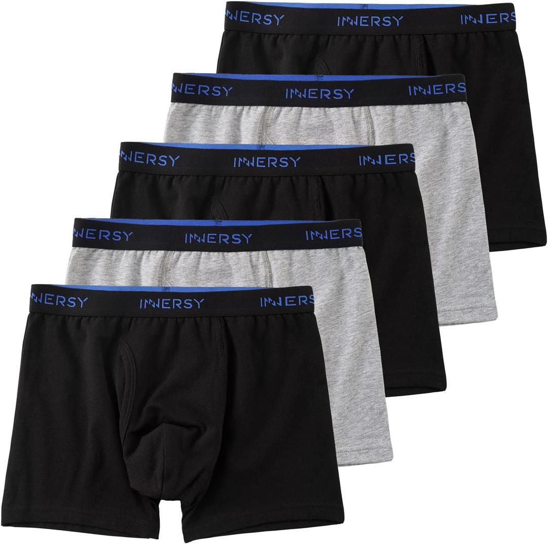 INNERSY Boys Underwear Stretchy Cotton Soft Boxer Briefs for 6-18 Teen Boys Pack of 5 (Large, 3 Black +2 Grey)