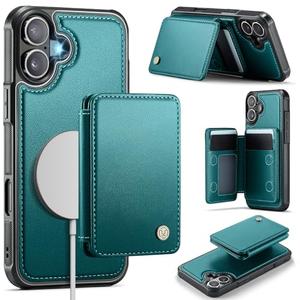 Usroom Compatible with Magsafe for iPhone 16 Plus Wallet Case Magnetic Card Holder, RFID Blocking 2 in 1 Detachable Kickstand Shockproof Case for Women Men, Bluish Green
