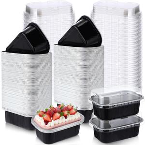 Vesici 100 Sets Valentines Mini Loaf Pans with Lids, 5.7 oz Disposable Aluminum Foil Baking Cups, Rectangle Cake Pans for Pudding Desserts Muffin Baking Storage Valentines Birthday Party(Black Silver)