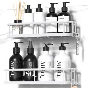 YASONIC Shower Caddy Adhesive, No Drill Bathroom Shower Organizers, with Removable Hooks, Rust Proof Shower Shelves, Wall-Mounted Shower Holder, White, 2 Pack