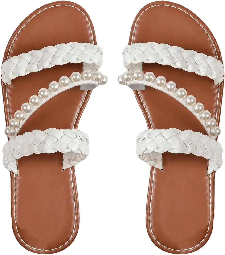 Verdusa Women's Pearls Braided Flat Sandals Open Toe Slip On Beach Slides (White)