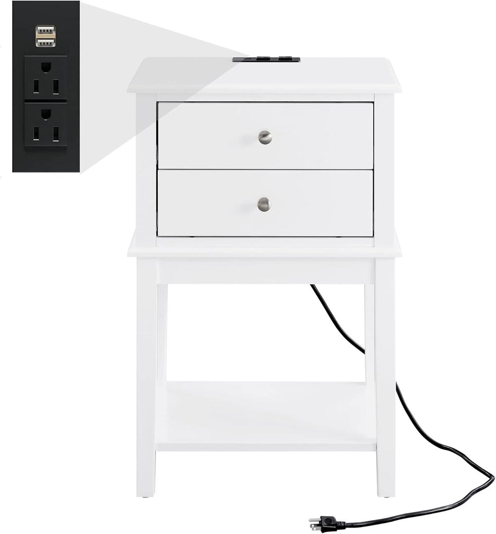 Bedroom White Nightstand with Charging Station and USB Ports, 28" Tall Bed 2 Drawers Night Stand, Living Room Big Size Wooden Side End Table