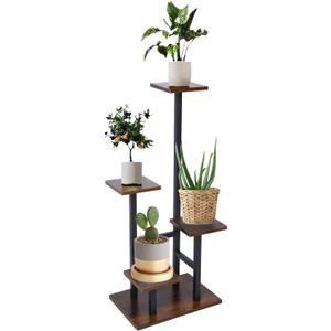 4 Tier Plant Stand for Indoor Plants, Modern Wood & Metal Flower Shelf with Wooden Shelves - Multi-Tiered Display Rack for Living Room, Balcony, Patio, Easy to Assemble Space Saver, Brown