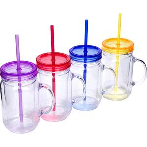Plastic Mason Jars with Handles, Lids and Straws | 20 oz Double Insulated Tumbler with Straw | 4 Pack Set of 4 | Wide Mouth Mason Jar Mugs | Cups for Kids and Adults
