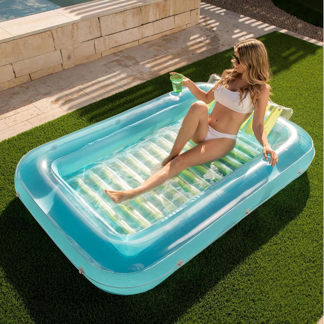 SLOOSH Inflatable Tanning Pool Lounger Float, 70" x 46" Pool Floats Adult with Pillow, 4 in 1 Suntan Tub Raft Floatie,Sunbathing Bed Lounge for Water Blow Up Kids Ball Pit Party Gifts, L-Blue Green