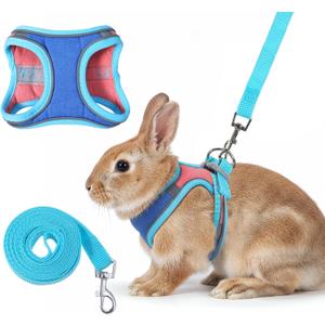 Adjustable Bunny Harness and Leash Set, Double Buckles Breathable Mesh Rabbit Vest with Reflective Strips, Escape Proof Small Pet Walking Training Gear for Rabbits, Kittens, Ferrets, Guinea Pigs (M) (Blue-Pink)