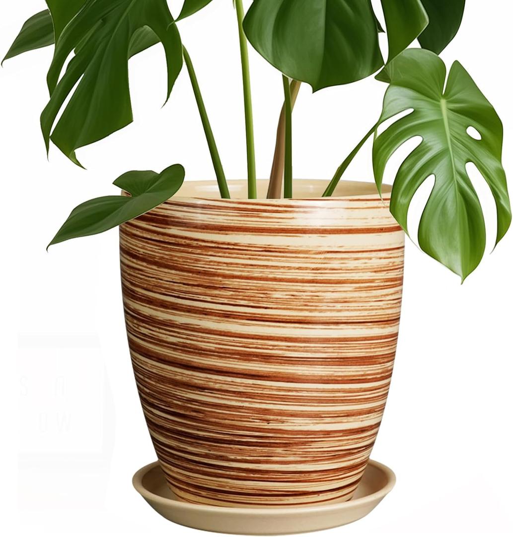 8 Inch Plant Pot, Ceramic Planter with Drainage Hole and Saucer Large Flower Pot for Home Patio Garden Office, Yellow (Glossy Yellow-coil)