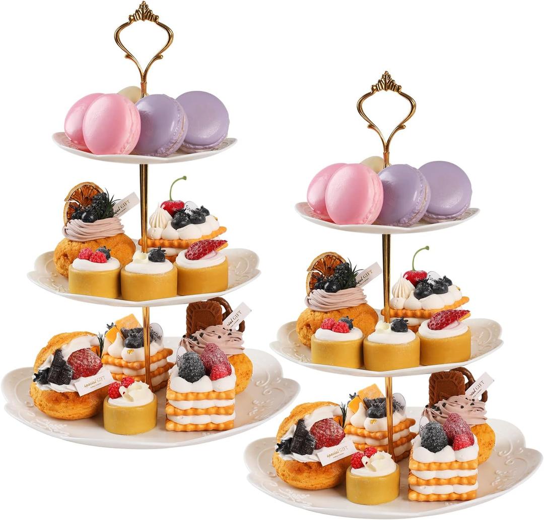 Barelove 3 Tier Plastic Cupcake Stand, Cake Display Tiered Serving Tray, 2 Pack Plastic Dessert Pastry Candy Platter Holder Tower for Wedding, Birthday, Tea Party, Baby Shower Decor (Round, White)