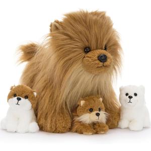 Tezituor Pomeranian Stuffed Animal Plush Toy,13.8" Realistic Dog Plush with 3 Puppies Cute Fluffy Dog Plushie Birthday Party Gift for Boys Girls