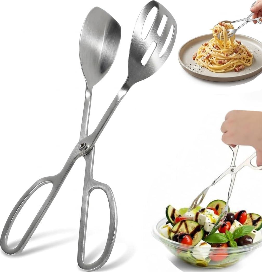 10-Inch Salad Tongs for Serving - Premium Stainless Steel Scissor Tongs, Large Opening Food Utensils for Tossed Salad, Fruit & Greens, Ergonomic Silver Metal Serving Tongs for Buffet, Kitchen & Party