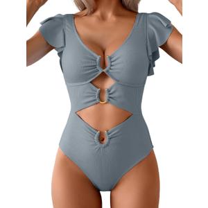 B2prity Women One Piece Swimsuit Tummy Control Ruffle Sleeve V Neck Bathing Suit Cutout Sexy High Waisted Monokini (Blue, XL)