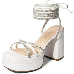 DREAM PAIRS Women's Lace Up Platform Heels Rhinestone High Strappy Chunky Sandal Y2K Shoe for Club Party Date Prom (6.5, White)