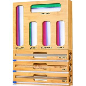 Calmbee 9 IN 1 Storage Bag Organizer for Kitchen Drawer, Bamboo Foil and Plastic Wrap Storage, Organizers Compatible Gallon, Quart, Sandwich Snack Size