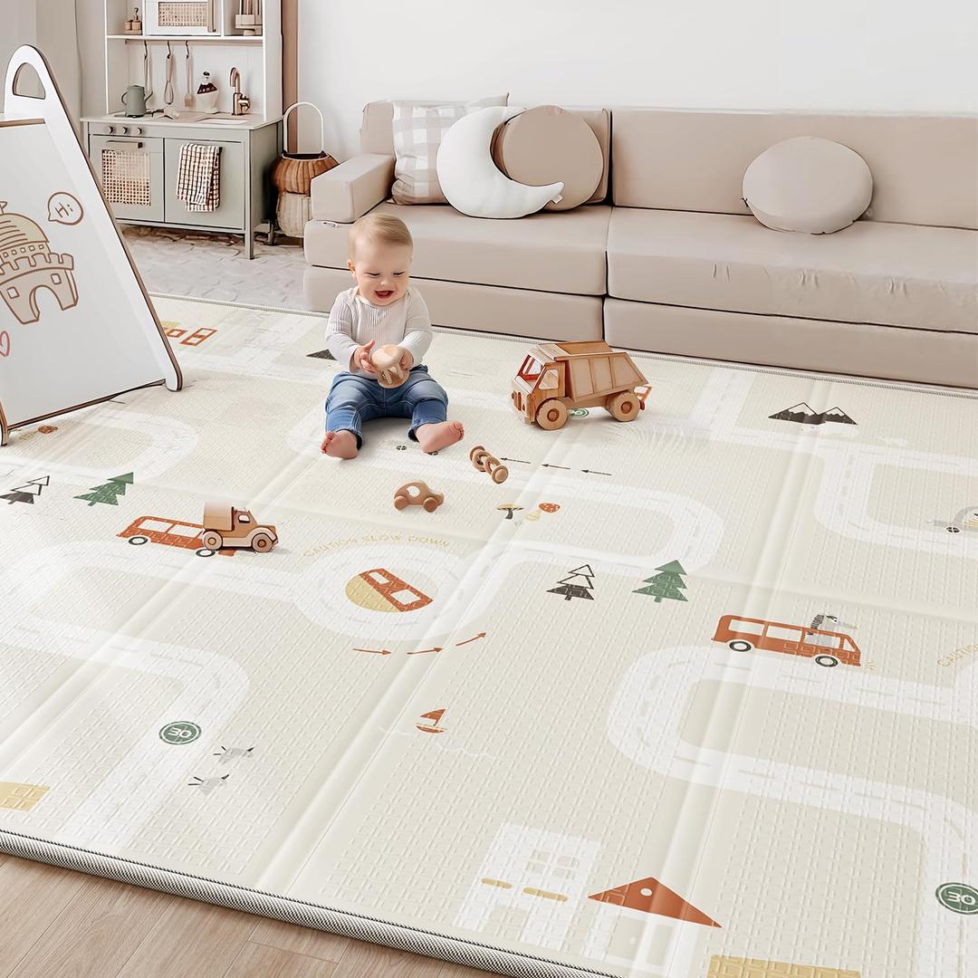 Baby Play Mat, Reversible Baby Girl Play Mat for Floor, Foam Padded Playmats for Babies and Toddlers, Large Foldable 78"x70" Waterproof Baby Crawling Mat for Indoor&Outdoor&Travel(70*78*0.4) (City&Bus)
