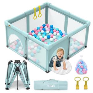 Foldable Baby Playpen 50x50inch, iTiLike Playpen for Babies and Toddlers with 50 PCS Ocean Balls & 2 Handles, Indoor & Outdoor Kids Safety Play Pen Area, Portable Travel Play Yard,Mint Green
