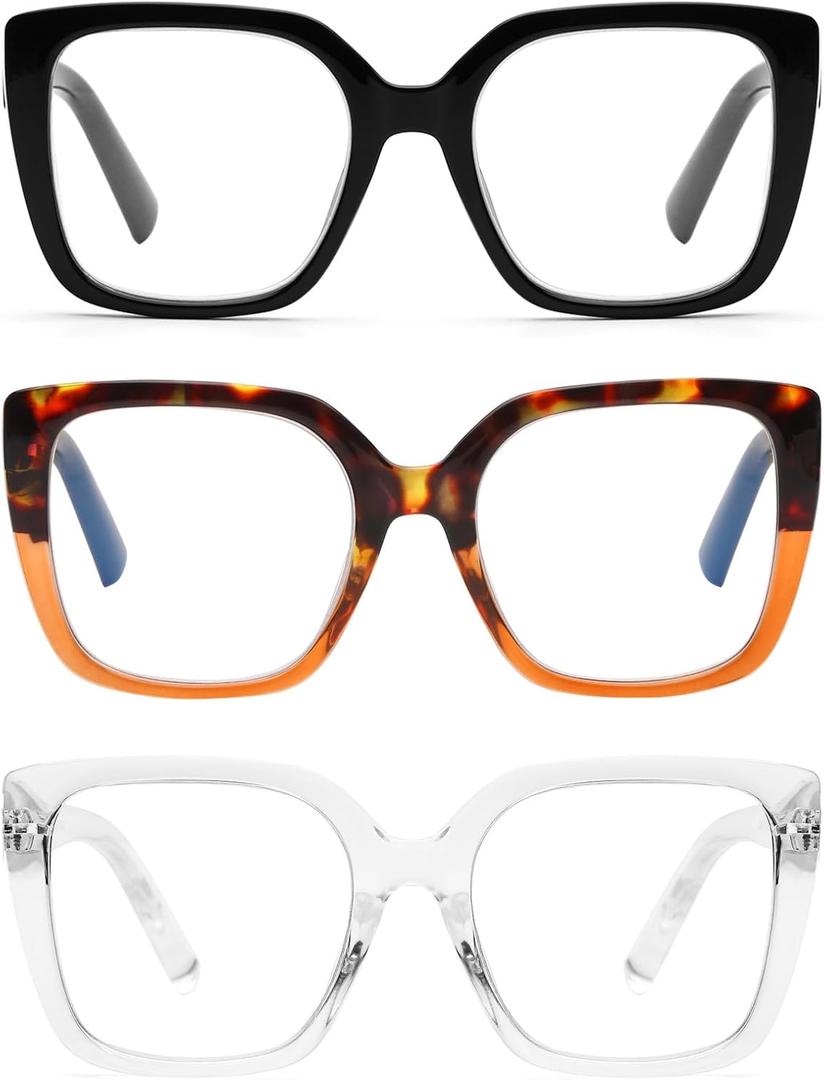 DOOViC 3 Pack Oversized Reading Glasses for Women Blue Light Blocking Square Stylish Computer Readers (3 Colors-s4)