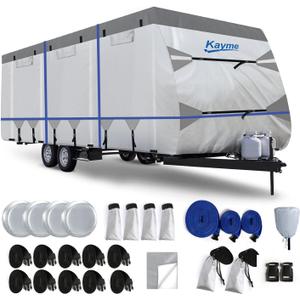 Kayme 300D Oxford Travel Trailer RV Cover, Tearproof Waterproof Windproof 20-22ft Camper Cover, RV Tarp Anti-UV Snowproof with Zipper Door, Wind Protector Straps4 Tire Covers, and Jack Cover.
