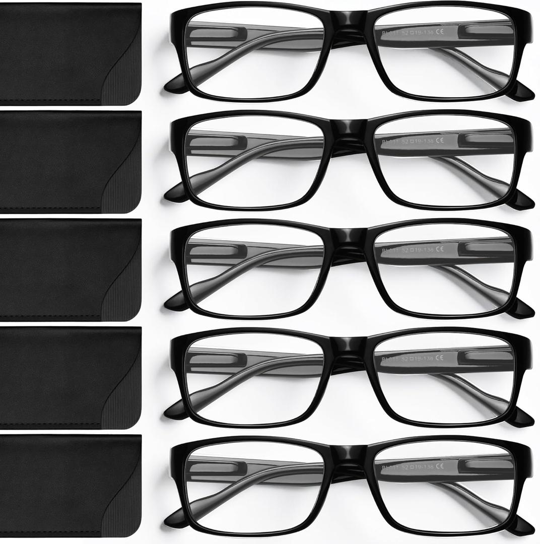 Gaoye Reading Glasses Blue Light Blocking, Readers for Women Men Anti Glare Filter Lightweight Spring Hinge Eyeglasses (5-pack Light Black with Case, 1.75)