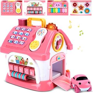 Toddler Girl Toys for 1 Year Old, Montessori Toys for 1 Year Old Girl Birthday Gift, 8 In 1 Pink Baby Musical Learning House with Sound Light Music, Creative Gifts for Baby Toys 6-12 18 Months