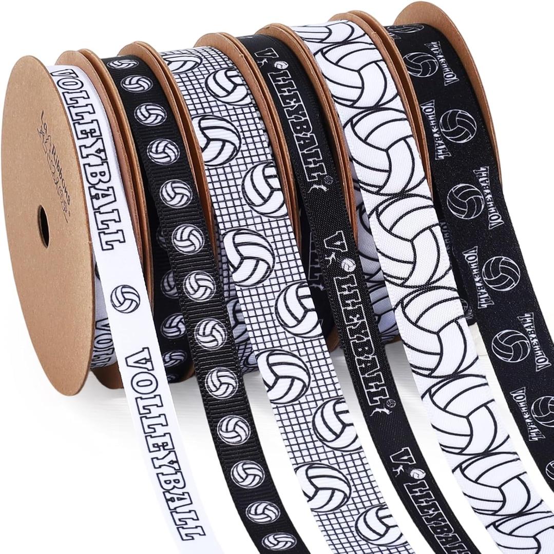 LaRibbons Volleyball Ribbon Set 6 Rolls 30 Yards Total Black White Grosgrain Volleyball Themed Printed Ribbons for Hair Bows, Gift Wrapping, Team Party Decorations, DIY Sewing Supplies