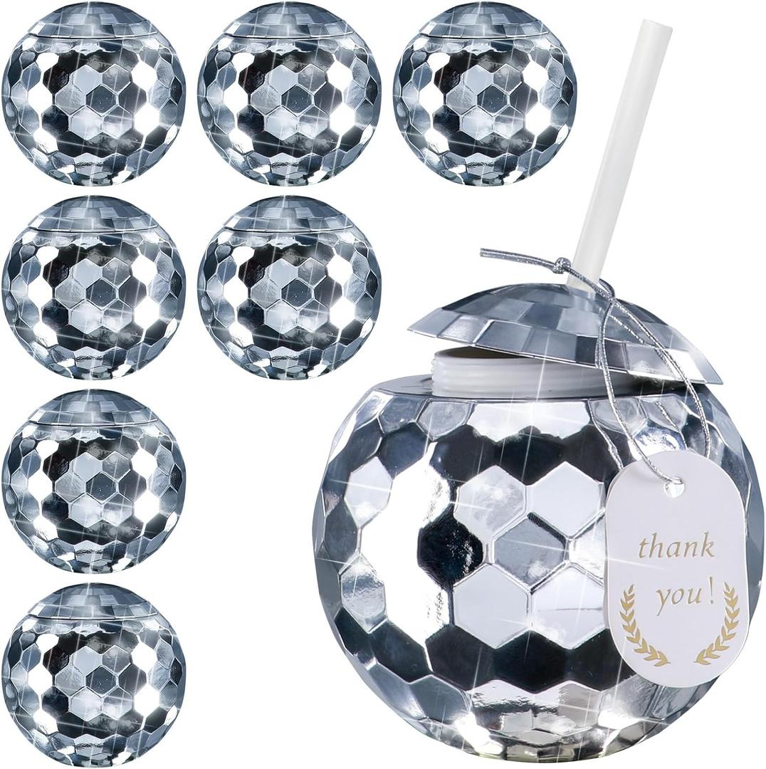 Disco Ball Cups with Lids & Straws  9Pcs 20oz Reusable Tumblers with Tags  Retro Party Cups for Bachelorette, Birthday, Cocktail & Theme Events - Silver