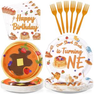 96Pcs Pancakes 1st Birthday Party Decorations, Serves 24 | Pancakes Plates and Napkins Our Short Stack is Turning One Tableware Set for Breakfast Pancake 1st Birthday Party Supplies