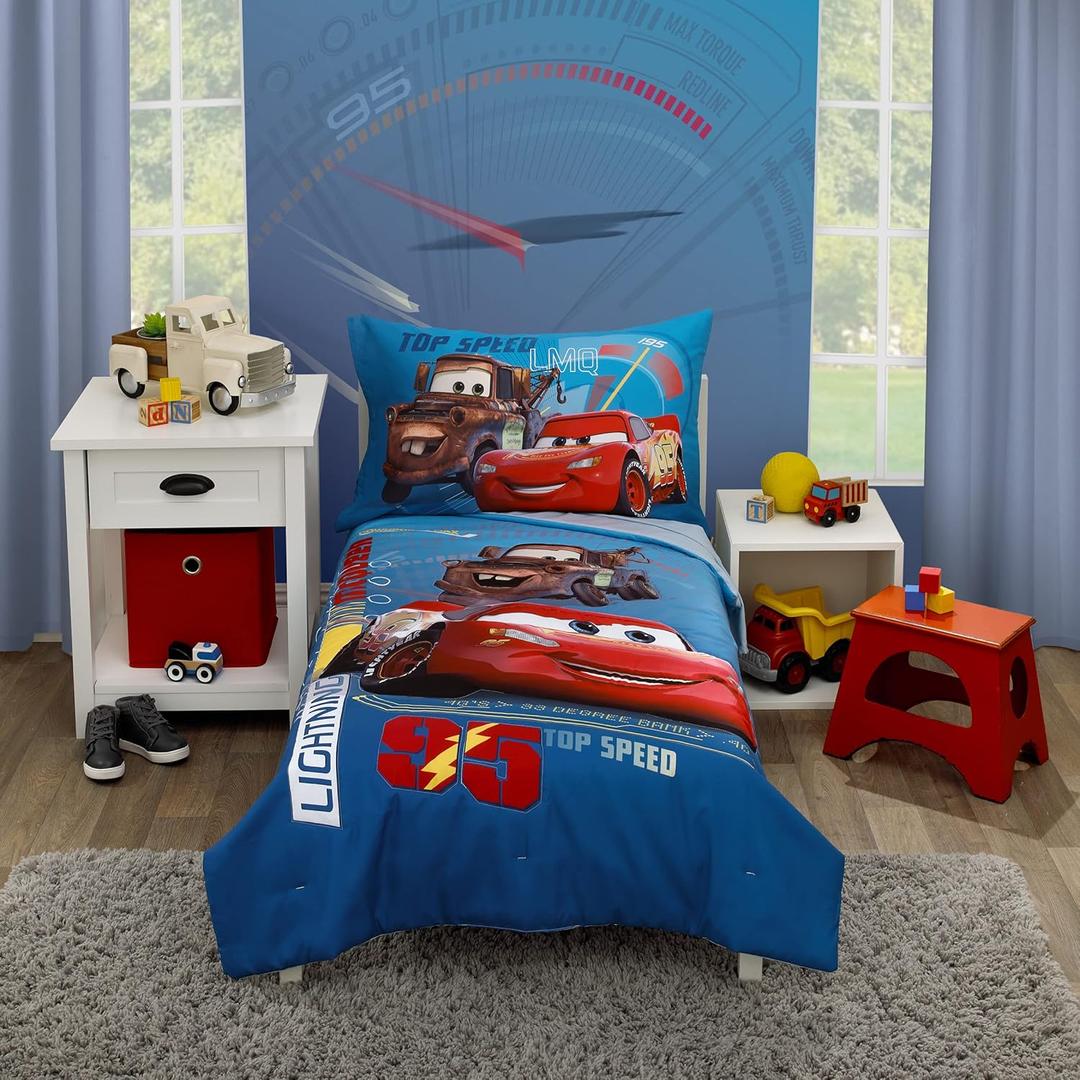 Disney Cars Piston Cup Circuit Blue, Red, and Yellow, Lightning McQueen and Mater 4 Piece Toddler Bed Set - Comforter, Fitted Bottom Sheet, Flat Top Sheet, and Reversible Pillowcase