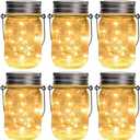 GIGALUMI Hanging Mason Jar Solar Lights, 6 Pack 30 Led Hanging Solar Lanterns Outdoor Waterproof, Hangers and Jars Included, Outdoor Decor for Balcony, Garden, Patio, Yard, Wedding
