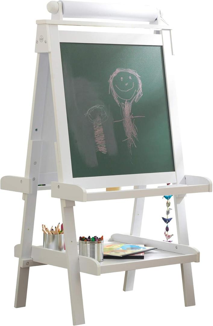 KidKraft Deluxe Wooden Easel with Chalkboard and Dry Erase Surfaces, Paper Roll and Paint Cups - White, Gift for Ages 3+, 25 Inch